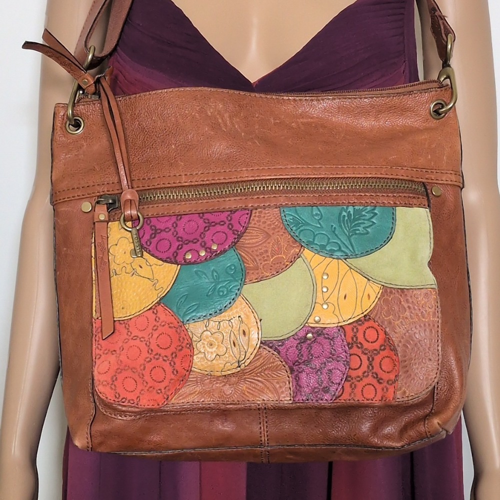 Fossil Brown Leather Patchwork Crossbody Bag Multi Color Embossed Floral Boho